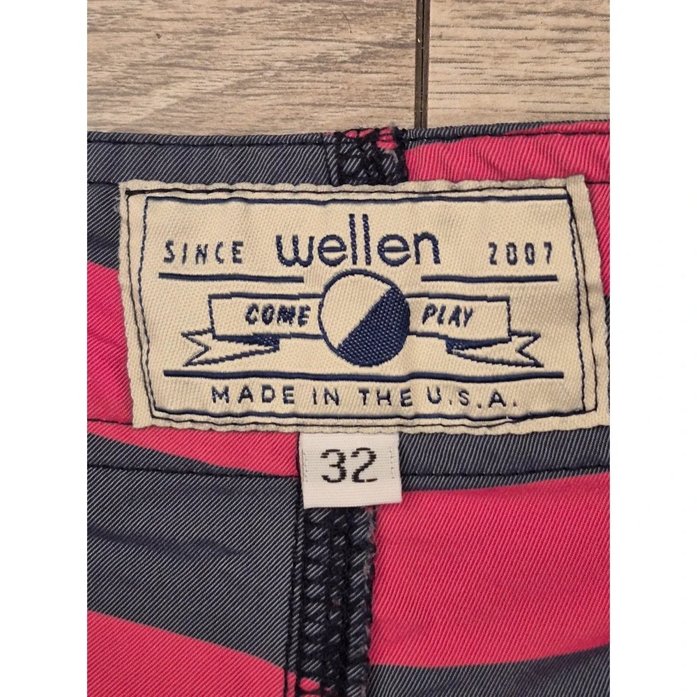 Wellen Mens Striped Board Shorts Pink Navy Blue Surf Trunks Size 32 Made in USA